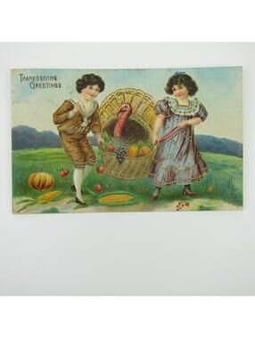 Thanksgiving Postcard Boy Basket Fruit & Wild Turkey Gold Embossed Antique 1913